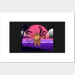 Funny Bear Singing at the beach Posters and Art